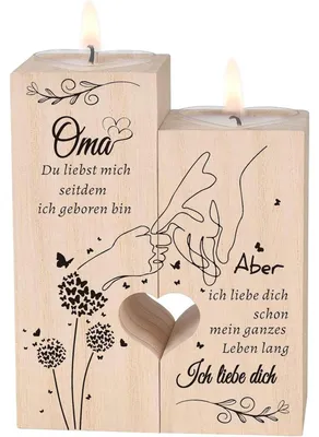 Productafbeelding van Houten kaarsenhouder in de vorm van een hart, voor oma, cadeau voor verjaardag of kerst, afmetingen 12x10x4,5 cm, inclusief 2 theelichthouders