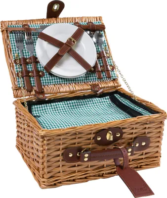 Image de Panier pique-nique en osier avec compartiment isotherme et accessoires - vaisselle, couverts, verres à vin - idée cadeau pour le camping, les activités de plein air et la famille | Pour 2 personnes | Vert