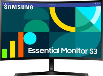 A Samsung Essential Monitor S3 is displayed with a colorful abstract background and text.