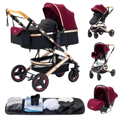 Image de Poussette de luxe pour bébé, design pliable, quatre roues amortissantes , rouge
