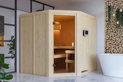 Produktbild von Karibu Sauna Innensauna Kotka Eckeinstieg Ofen 9 kW integr. Strg  196x196x198 cm ohne Dachkranz