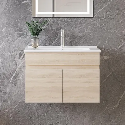 Produktbild von 60cm Dünn Keramik Waschtisch mit Unterschrank Badmöbel Set mit Türs Soft-close - Eiche Matt