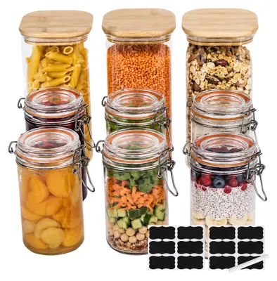 Produktbild von Relaxdays Vorratsgläser & Einmachgläser, 9er Set, Bügelverschluss, Bambusdeckel, luftdichte Glasbehälter, transparent