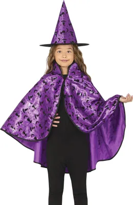 Productafbeelding van Heksen Halloween Kostuum Set: Betoverende, mystieke cape en hoed, kleur: lila