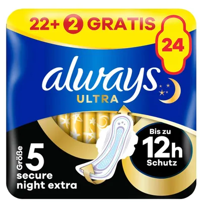 Produktbild von Always Damenbinden 24 Stück Ultra Secure Night mit Flügeln, Größe 5
