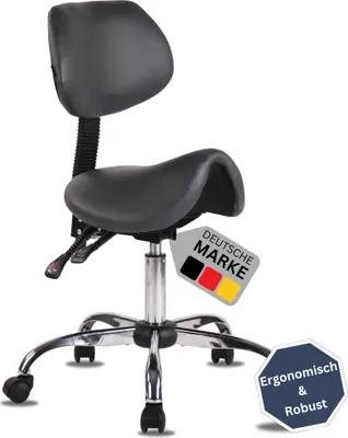 Produktbild von DELUKE® Sattelhocker mit Lehne KOLLI | Höhenverstellbar, Drehbar | Kunstleder pflegeleicht | Rollhocker Arbeitshocker Praxishocker Arzthocker Bürohocker Drehhocker | Grau