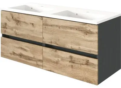 Produktbild von Held Möbel Doppel-Waschbecken mit Unterschrank Nizza 120 cm x 54 cm x 47 cm Frontfarbe wotaneiche Korpus graphitgrau Was