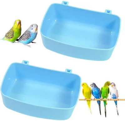 Productafbeelding van Ibenzoa® Vogelbad- en voerbakset – 2 stuks, gemaakt van milieuvriendelijk kunststof, 14,3 x 9 x 6 cm, geschikt om in kooien van kleine tot middelgrote vogels te hangen