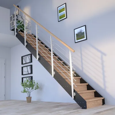 Produktbild von Stahltreppe KOS in schwarz (Eiche geölt) mit Designgeländer und 9 Stufen