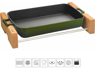 Imagen del producto de LAVA Metal: Bandeja de hierro fundido con base de servicio, 22 x 30 cm, color verde, modelo LVPTP2230K4