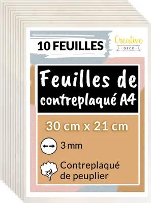 Image de Creative Deco 10 x A4 Contreplaqué 300 x 210 x 3mm (+/-0,5mm) Bois Brut Peuplier