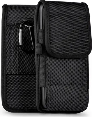 A black phone belt pouch with a carabiner clip.