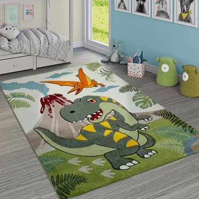 Produktbild von Kinderzimmer Teppich Grün Dinosaurier Dschungel Vulkan 3-D Effekt Kurzflor Grösse 200x290 cm