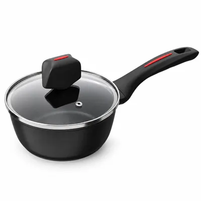 Produktbild von Stieltopf 20 cm mit Glasdeckel – Für Induktion – Aluminium mit Marmor-Antihaftbeschichtung – Schwarz