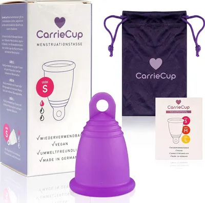 Produktbild von CarrieCup Menstruationstasse klein,  Germany - BPA-frei, Alternative zu Tampons und Binden, silikonfrei - inkl. Beutel Lila (Größe: S)