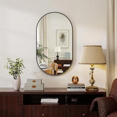 Produktbild von ovaler Wandspiegel 30 x 60 cm, gehärtetes Glas, Schwarz | Verzerrungsfreier Bad und Schminkspiegel, horizontal oder vertikal montierbar für Schlafzimmer, Flur und Wohnzimmer