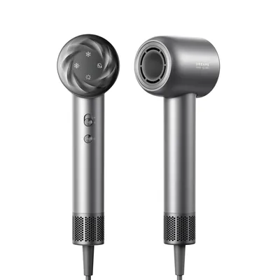 Two views of a gray hairdryer on a white background.