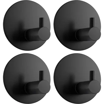 Productafbeelding van Handdoekhouder zonder boren, set van 4, zwart, ronde plakhaakjes, roestvrij staal, wandhaken voor badkamer en keuken, zelfklevend