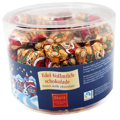 Zdjęcie produktu dla Misie świąteczne Storz z delikatnej mlecznej czekolady 100 sztuk 625g