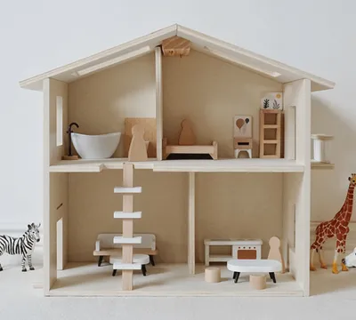 Obrázok produktu pre Buxibo drevený domček pre bábiky - detský domček pre bábiky s nábytkom - drevený domček na hranie - Barbie domček