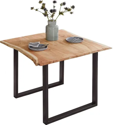 Produktbild von Esszimmertisch 90x90 cm Billy, echte Baumkante, Esstisch aus Akazienholz massiv + naturfarben, Baumkantentisch mit U-Gestell Schwarz
