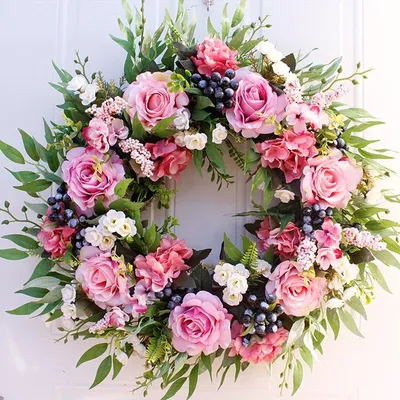 Image de Couronne Artificielle Suspendue pour Maison Porte d'Entrée Murale Décoration de Noël Rose 56cm 22in