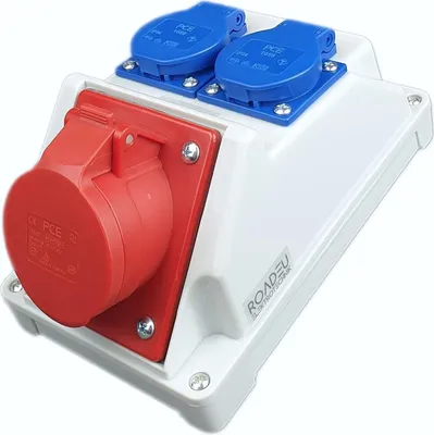 Produktbild von RoadEu - Kombi Wandsteckdose 16A 5P, Wandverteiler 16A mit 2x Schuko 230V, Stromverteiler IP44 Innen und Außen Baustromverteiler 16A, PCE Steckdosen