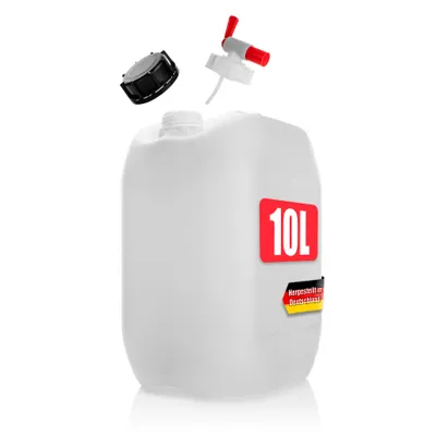 Produktbild von BigDean Wasserkanister 10L mit Auslaufhahn+ Schraubdeckel naturweiß- BPA frei lebensmittelecht stapelbar UN-Zulassung DIN 61- tragbarer Wasserbehälter