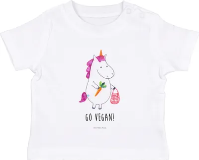 Produktbild von Mr. & Mrs. Panda Babyshirt Einhorn Vegan 0. - 6. Monat - Weiß - Geschenk,  T-Shirt, Rohkost, Baby Shirt, Gesund Leben, Kinder, Unicorn, Veganismus, Oberteil, Veganer