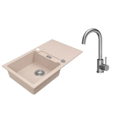 Produktbild von VBChome Granitspüle 76 x 44 cm Beige mit Armatur Einzelbecken Einbauspüle Reversibel Gesprenkelt Pflegeleichtes Spülbecken mit Siphon
