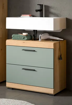 Produktbild von Waschbeckenunterschrank "Shawn" in Salbei grün und Eiche 60 cm, mit Schubladen