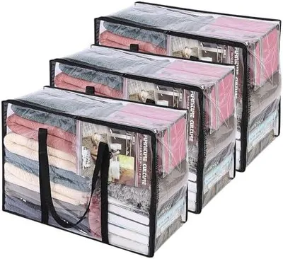 Produktbild von Vieshful 3 Stück Transparente Plastik Aufbewahrungstasche, 40L Organizer Aufbewahrungsbox Kleideraufbewahrung Umzugskartons für Bettdecken, Kleidung, Bettwäsche, Weihnachtskränzen und Steppdecken