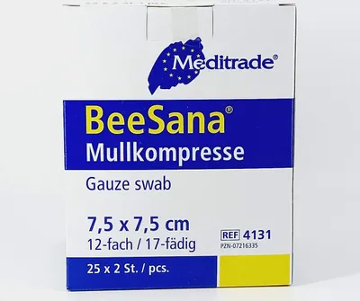 Immagine prodotto di Meditrade® 4131 Meditrade® Mull-Kompressen BeeSana®mit eingeschlagenen Schnittkanten 4131 weiß 7,5 x 7,5 cm, 25x 2 St.