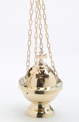 Produktbild von Weihrauchfass mit Kette zum Hängen aus Messing Gold poliert Höhe 15 cm mit Innenschale aus Stahl für die Räucherkohle
