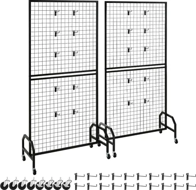 Image de SucceBuy Panneaux muraux grillagés Mur grillagé (898 x 400 x 1798 mm) 2 pièces de présentoirs à roulettes avec 20 crochets, étagères de présentation en acier au carbone pour la décoration et le rangement