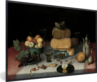 Produktbild von MuchoWow® Gerahmtes Poster Stilleben mit Käse - Kunstwerk - Alte Meister 90x60 cm - Poster mit Schwarzem Bilderrahmen Wandposter Rahmen Foto Bilder - Fotorahmen - Foto-Plakat