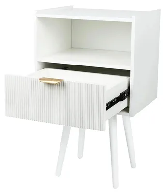 Zdjęcie produktu dla Szafka nocna/stolik pomocniczy – meble do sypialni – drewno – 1 szuflada – 1 otwarta półka – nowoczesny, minimalistyczny styl – do sypialni/salonu – biały