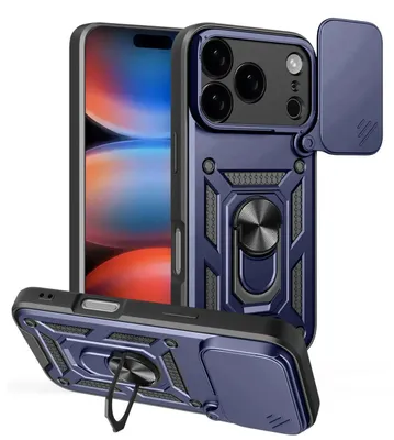 Produktbild von MobyDefend Hülle für iPhone 17 Pro Max - Panzerhülle mit drehbarem Ring und Standfunktion - Blau