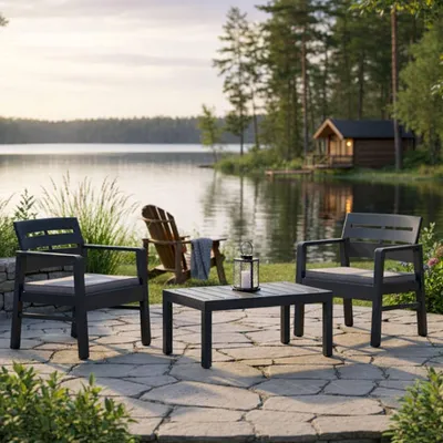 Produktbild von Outdoor-Lounge-Set Benevento, Gartengarnitur mit 2 Sesseln und 1 Couchtisch, Innen- und Außensitzgruppe mit Kissen, 100 %  Italy, Anthrazit