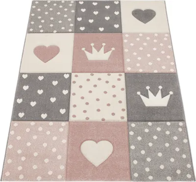 Immagine prodotto di Tappeto per bambini Colori pastello A quadri Cuori Stelle Bianco Grigio Rosa Dimensioni Ø 200 cm Rotondo