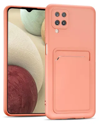 A pink phone case with a card slot is shown next to a phone.
