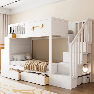 Produktbild von Etagenbett für Kinder mit Aufbewahrungsschubladen, Sicherheitstreppe, Schreibtisch und Sternenmotiv – 90 x 200 cm Massivholzrahmen aus Kiefernholz