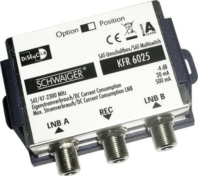 Produktbild von Schwaiger KFR6025531, 2 Eingänge, 1 Ausgänge, 950 - 2300 MHz, 4 dB, 75 Ohm, 75 Ohm