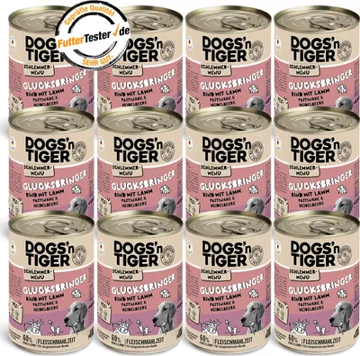 Produktbild von Dogs’n Tiger Adult Hundefutter, Glücksbringer, Nassfutter, Getreidefrei, Rind, Lamm, Pastinake & Heidelbeeren, 12x400g