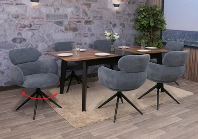 Produktbild von 6er-Set Esszimmerstuhl HWC-O77, Küchenstuhl Stuhl, drehbar Auto-Return, Stoff (310g/m²) Chenille grau-blau