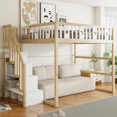 Produktbild von STILVORA Etagenbett 140x200 aus Massivholz mit Sicherheitsgeländer und breiter Treppe für Kinder, Hochbett mit integriertem Regal für zusätzlichen Stauraum, Kinderbett mit Stern- und Monddekoration für märchenhafte Schlafumgebung, Naturholz