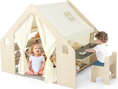 Produktbild von DREAMADE 6-in-1-Kinderzelt mit Tafel, Schreibtisch & Stuhl, Indoor Kindertipi mit Bodenmatte, Kinderspielhaus aus Holz, 2–6 Jahren