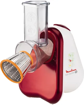A close-up studio shot of a red and white Moulinex fresh express food processor.