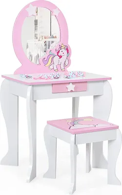 A children's vanity table and stool set with a unicorn theme, presented on a white background.