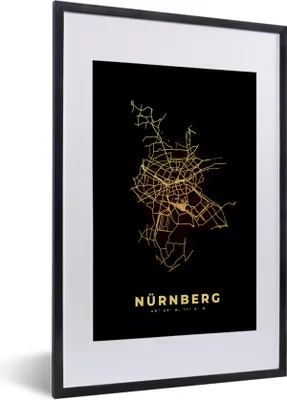 Produktbild von MuchoWow® Gerahmtes Poster Nürnberg - Gold - Stadtplan - Karte 40x60 cm - Poster mit Schwarzem Bilderrahmen Wandposter Rahmen Foto Bilder - Poster in Rahmen